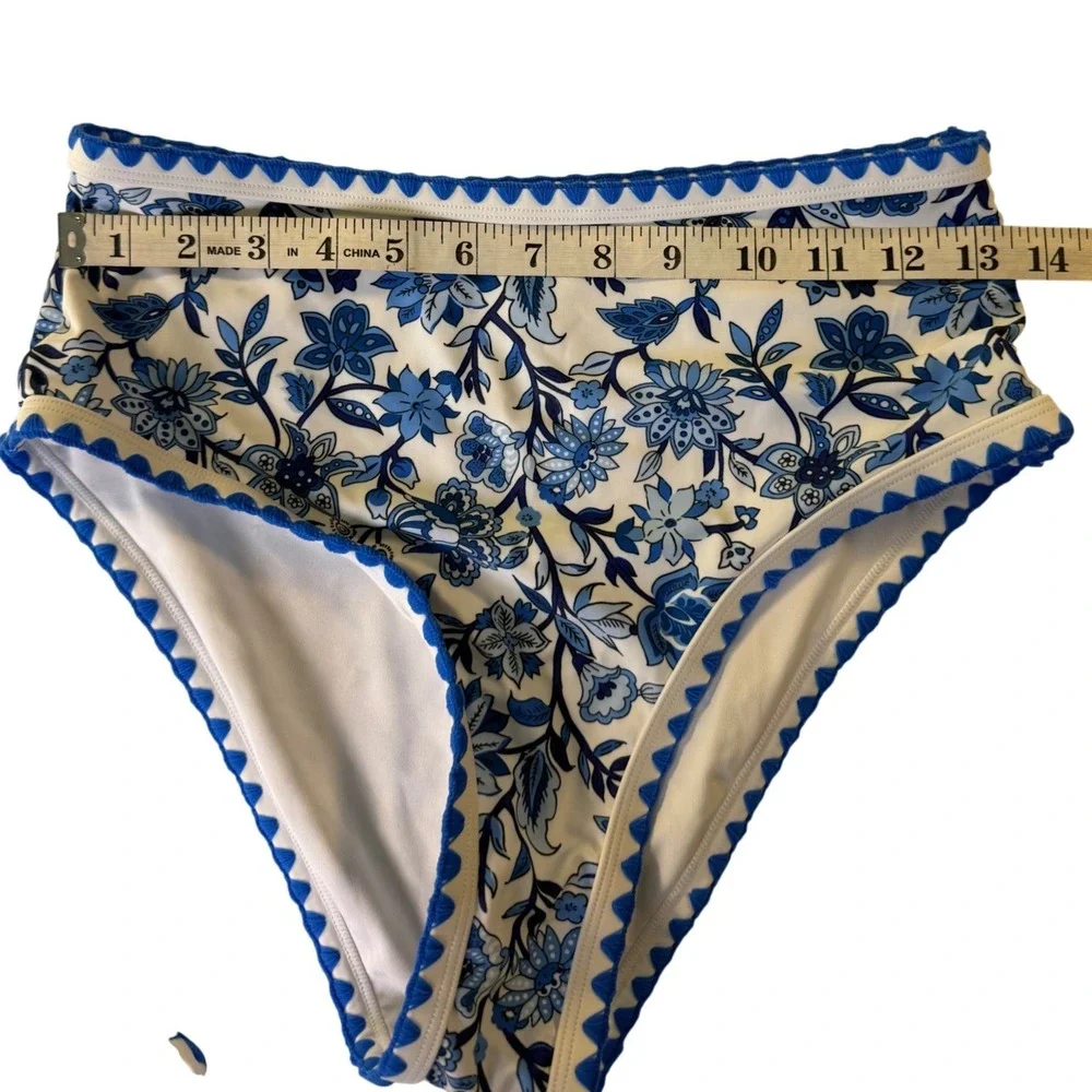 Blue White Floral Chintz Ric Rac High Waisted Bikini Swimsuit Size Smal New